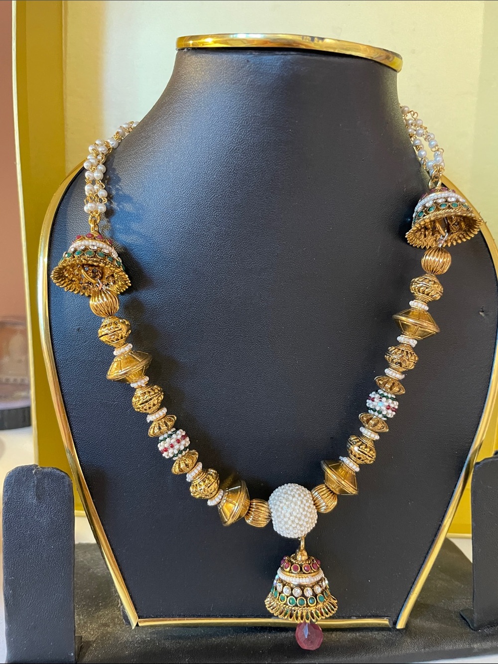 Gold-Tone Pearl Bead Necklace with Jhumka Pendant — White, Green & Red Accents